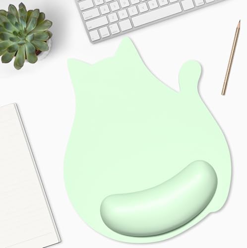 Ergonomic Mouse Pad with Wrist Rest, Cute Cat Memory Foam Padded Pain Relief Non-Slip Wrist Support Mouse Mat for Gaming Work Computer Laptop, Funny Office Supplies Desk Accessory, Lake Green