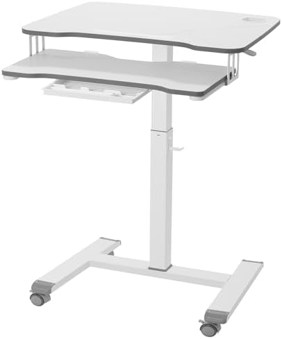 ETHU Mobile Standing Desk with Keyboard Tray on Wheels, White