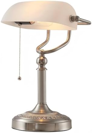 White Matted Glass Bankers Desk Lamp,Sand Nickel Base