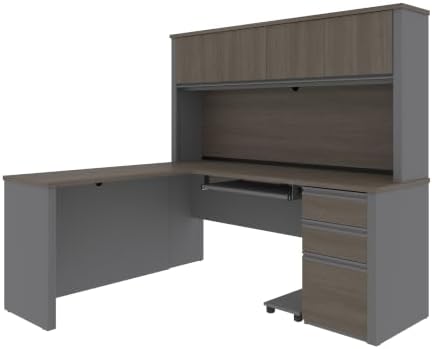Bestar L-Shaped Desk with Hutch, Bark Grey, Prestige +, 72W