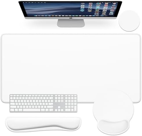 Dapesuom Large Gaming Mouse Pad, White Mouse Pads with Wrist Rest Wrist Support, 4in1 Big XXL Desk Mat Desk Pad + Ergonomic Mousepad + Memory Foam Keyboard Mat Wrist Rest + Coaster Set for Computer