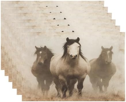 Faded Horses Placemats, in Sepia Field Place Mats for Dining/Kitchen Table Waterproof Washable Linen Heat Insulation Dinner Table Mats 12X18 in 6 Pcs
