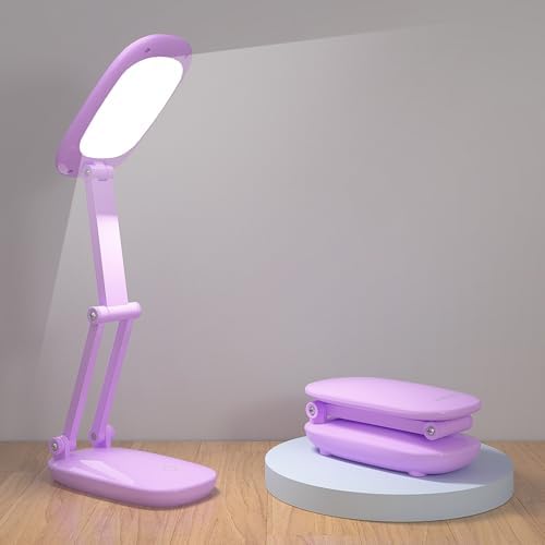 Akejrym LED Desk Lamp for Office Home & Battery Operated Lamp Rechargeable Lamp Foldable & Portable Light, [2-Fold Bracket] 3 Brightness Dimmable Small Desk Lamp Wireless Reading Lamp (Purple)