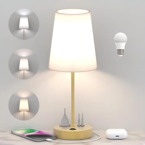 Addtam Bedroom Table Lamp, Bedside Lamp with AC Outlet and USB C Charging Ports(PD 20W), 3-Way Dimmable Lamp with Switch, Lamps with Shade for Night Stands, Living Room, Desk, and Home Office, 6.5Ft