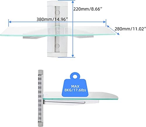 suptek Glass Floating Shelves, TV Wall Mount with Shelf for DVD Player / PS4 / Cable Boxes/Game Consoles/Sky Box/TV Accessories, Media Shelf, Flat Wall Mount Bracket, 1 Tier Shelf, Silver