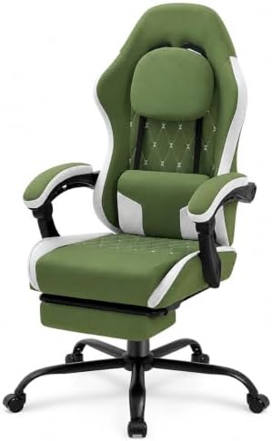 Gaming Chair for Adults, Fabric Gaming Chair with Footrest and Pocket Spring Cushion, Ergonomic Gamer Chair with Lumbar Support, Reclining Computer Gaming Chair with High Back, Dark Green