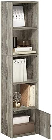 Furinno LUDER Book Shelf, 5-Tier Modern Bookshelf, Bookcase with 1 Door Storage Cabinet, 9.3 x 12 x 52, for Organization and Storage, for Living Room, Bedroom, Home Office, French Oak