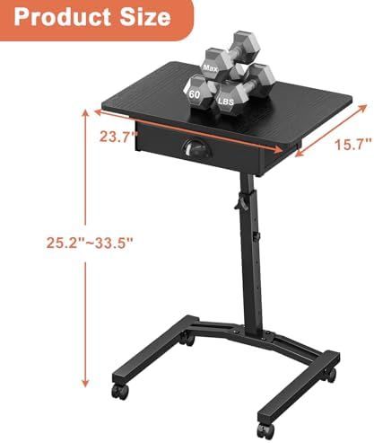 Rolling Adjustable Height Computer Desk With Drawers, Small Mobile Laptop Desk Cart On Wheels For Small Spaces Home Office, Portable Sitting Laptop Table For Bed Couch Load Up To 60LBS, Sturdy, Black