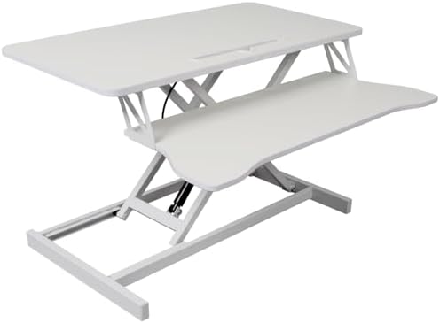 Height Adjustable Standing Desk Converter, White, MDF Steel Frame, 31.5x17 Inch Desktop, Gas Spring Lift System, Keyboard Tray, Sit Stand Workstation, 44 lb Capacity (White)