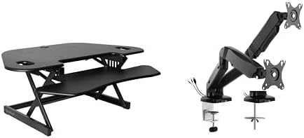 Rocelco 46" Height Adjustable Corner Standing Desk Converter with Dual Monitor Arm Mount Bundle - Sit Stand Up Tabletop Computer Workstation Riser - Extra Large Keyboard Tray - Black (R CADRB-46-MA2)