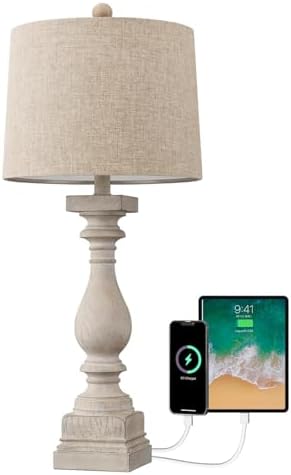 BOBOMOMO Retro 27" USB Charging Ports A/C Wash-White Farmhouse Lamps for Bedrooms Side Table Lamps Bedside Lamp for Nightstand Living Room 1 Pack (Blubs not Included)