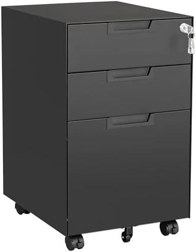 Letaya 3 Drawer Mobile File Cabinet with Lock,Under Desk Metal Small Filing Cabinets for Home Office Organizer Letters/Legal/A4(Fully Assembled Except Wheels-Black)