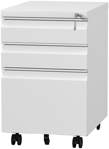 3 Drawer File Cabinet on Wheels,25.6" H White Filing Cabinet with Lock,Under Desk Metal File Cabinet for Home Office Organizer Letters/Legal/A4(Fully Assembled) (White)
