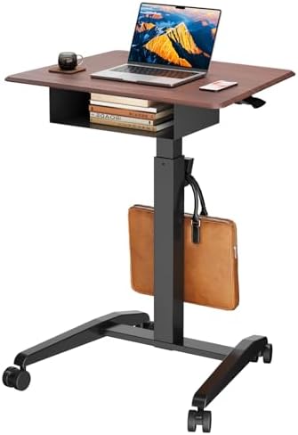 JOY worker 28" Pneumatic Mobile Laptop Desk with Storage Shelf, Dark Walnut