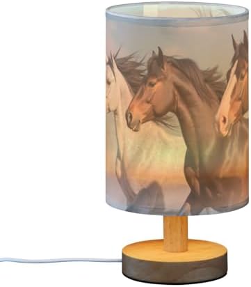 Bedside Lamp Horses Table Lamp for Bedroom LED Nightstand Lamp Shade USB Ports Wood Base for Living Room Dorm Office