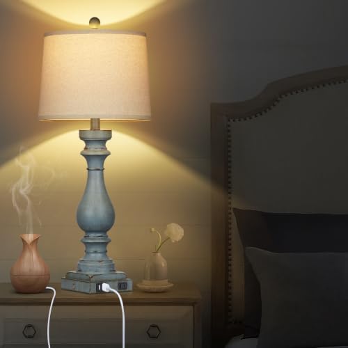 Cinkeda 29" Tall Table Lamp for Living Room Set of 2,Coastal Bedside Nightstand Lamps with USB C+A Ports & AC Outlet,3-Way Dimmable Touch Control Retro Blue Desk Lamp for Bedroom,Color 3