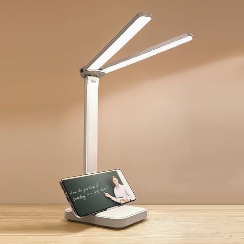 LED Double Head Desk Lamp, Rechargeable Portable Table Lamp, Adjustable Light Color and Brightness, USB Powered, LED Light for Work, Reading, Emergency (White)