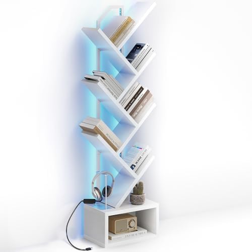 Casaottima Tree Bookshelf with LED Lights, 6-Tier Small Bookshelf, White