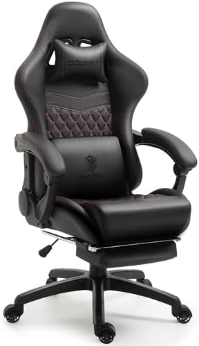 Dowinx Gaming/Office PC Chair with Massage Lumbar Support, Vintage Style PU Leather High Back Adjustable Swivel Task Chair with Footrest (Black and Red)