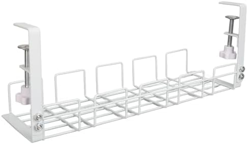 Under Desk Cable Management Tray, Removable Metal Mesh Steel Cord Organizer for Desk, Standing Accessories with Clamp Mount and No Drill for Home Office Standing (White)