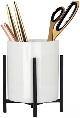 Durable Ceramic Pen Cup, Desk Ceramic Pencil Cup with Metal Legs, Black and White Pen Holder Cup for Office, Desk Decor for Women Girls