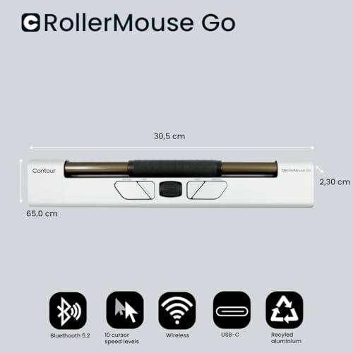 Contour Rollermouse Go - Portable Wireless Roller Mouse for Carpal Tunnel Relief, Compact Mouse with Bluetooth & USB, Ambidextrous 5-Button Design, Lightweight Aluminum, Mac & PC Compatible