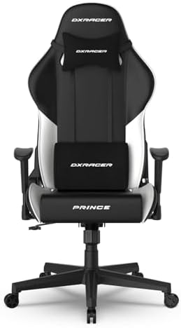 DXRacer Prince Series L Gaming Chair - Reclining, Ergonomic & Comfortable Computer Chair with 2D Armrest, Wing-Shaped Seat Base & Headrest Pillow Faux Leather (Faux Leather, Black & White)