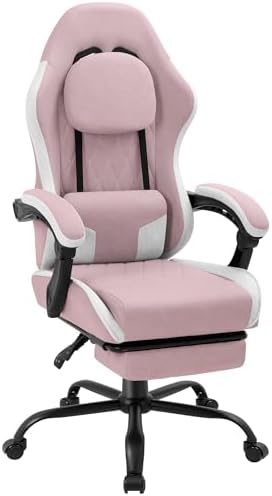 Gaming Chair with Footrest, Ergonomic Fabric Desk Chair, Pink
