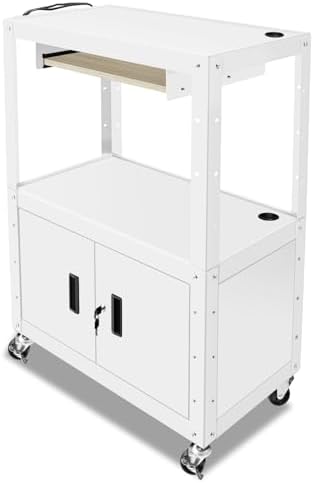 Auto Dynasty Rolling AV Cart, Height Adjustable with Lock Storage, White