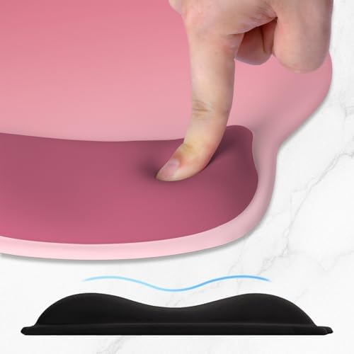 ITNRSIIET Ergonomic Mouse Pad with Wider Memory Foam Wrist Rest +17% - Curved Cushion Reduces Pressure 20%, Pain Relief, Non-Slip, Smooth, Cute Colors, 9.85 x 9 in, Pink