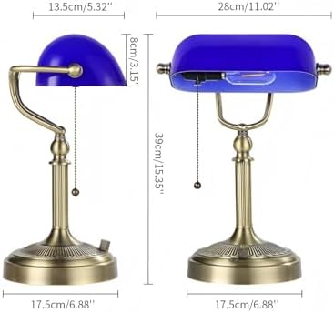 Blue Stepless Dimmable Glass Bankers Desk Lamp
