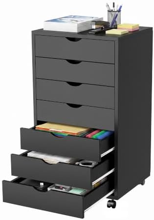 7 Drawer File Cabinet, Under Desk Storage Drawers with Wheels, Black