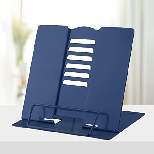 Honagu Book Stand Metal Desk Book Holder, Book Holders for Reading Hands Free, Adjustable Cookbook Documents Holder, Portable Bookstand for Music Books, Textbook, Recipe, Tablet, Ipad (Royal Blue)