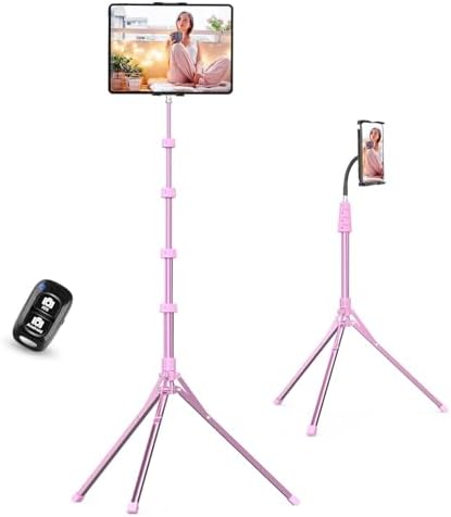Aureday Adjustable Tripod Stand, 67” Height, Tablet Holder for iPad mini/Air/Pro, Kindle, Switch, Smartphones, 4.7”-12.9” Devices, Pink