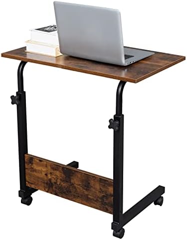 TV Tray Bed Side Table, Portable Rolling Desk Hospital Bed Laptop Table, Small Standing Desk with Wheels Adjustable Height for Sofa, Bedside, Tablet Use, Secure Non Tilt, 23.6" W, Brown