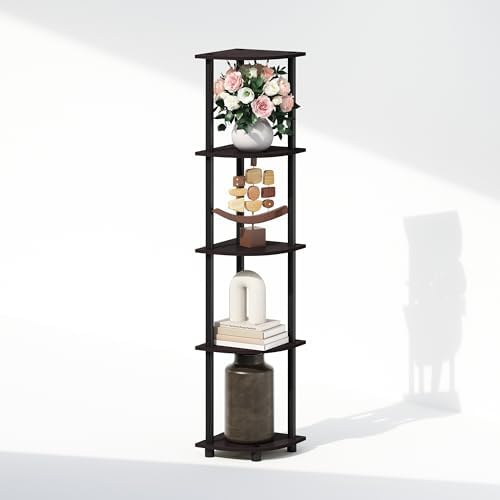 Furinno Turn-N-Tube Storage Shelves, 5-Tier Book Shelf, Corner Shelf, Toolless Open Shelves, for Organization and Storage, Living Room, Home Office, Hallway, Bedroom, Dark Walnut