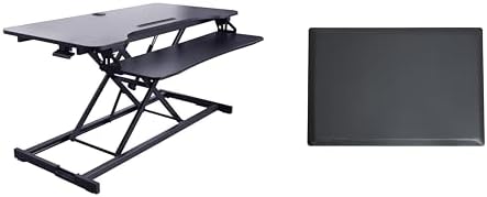 Rocelco 43" Height Adjustable Standing Desk Converter with Anti Fatigue Floor Mat - Tall Stand Up Tabletop Riser and Tablet Slot - Computer Workstation - Deep Keyboard Tray - Black (R VADRB-43-MAFM)