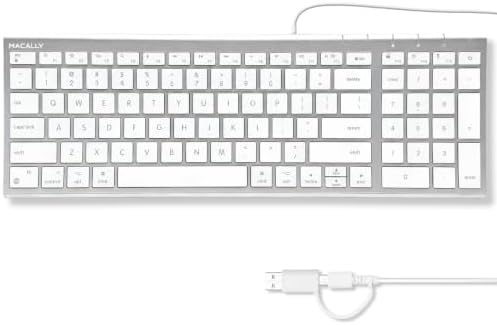 Macally Compact Wired Keyboard for Mac with Number Pad, Dual USB-C + USB-A, Silver
