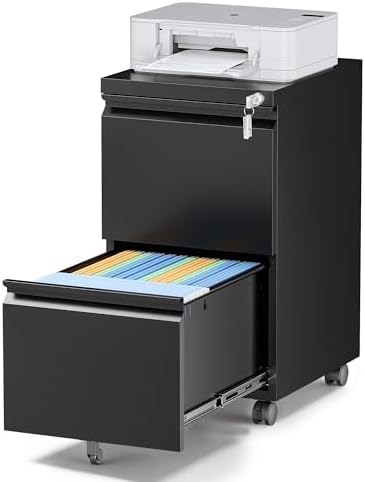 2 Drawer Locking Under Desk Metal Storage Cabinet on Wheels for Legal/Letter/A4 Files (Fully Assembled, Black)