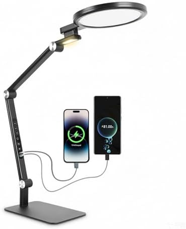 LED Desk Lamp for Home Office with Full Spectrums Eye Care, 5 Color Color 5 Brightness, 4-Axis Flexible Rotation, Dual Output Charging, Memory & Timer Func, Desk Lamps with Small Night Light