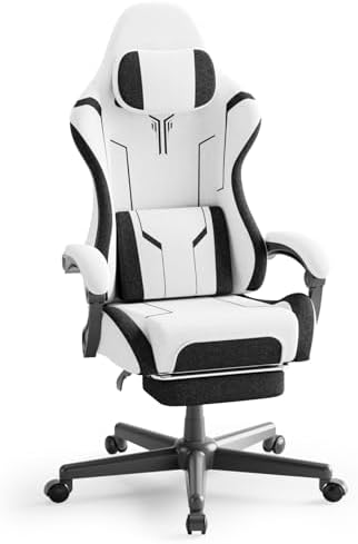 Ferghana Breathable Fabric Ergonomic Gaming Chair, Ergonomic High Back Gamer Chair with Footrest and Linkage Armrest, Office Computer Video Game Chair for Adult, White/Black