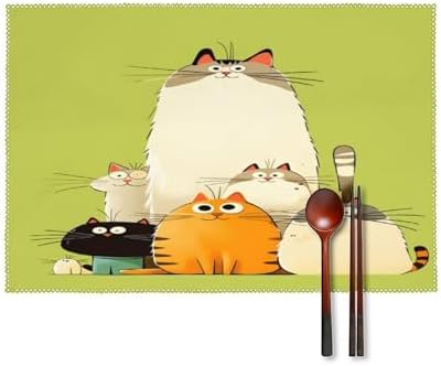 Cute Cats Family Cartoon Washable Placemats Set of 4, Durable Heat Resistant Table Mats 17.7 X 11.8 Inch for Dining Table Kitchen Decor Indoor Use