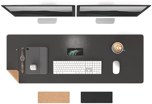 RENMTURE Dual-Sided Mouse Pad, Natural Cork & PU Leather Large Desk Pad for Office and Home Work, Desk Protector Non-Slip, Waterproof, Easy Clean (Black,47"x17")