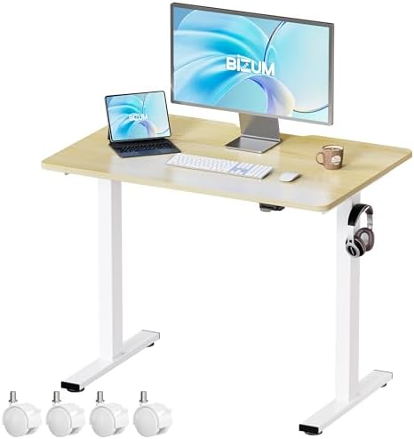 BIZUM 35.4" Small Electric Standing Desk Height Adjustable, Whole Piece Stand Up Computer Desk Work Study Writing Gaming Desks for Home Office Oak
