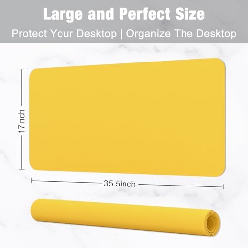Hsurbtra Desk Pad, 35.5" x 17" PU Leather Desk Mat, XXL Extended Mouse Pad, Waterproof Desktop Blotter Protector, Non-Slip Ultra Thin Large Laptop Keyboard Writing Mat for Office Home, Yellow