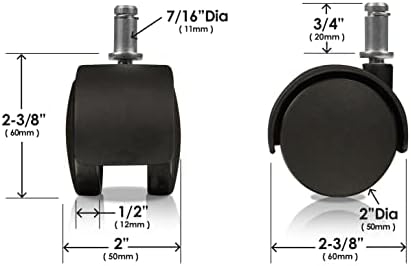 Slipstick CB682 2 Inch Replacement Office Chair Wheels (Set of 5 Casters) Universal Standard Size Stem 7/16 Inch x 7/8 Inch - Black Plastic