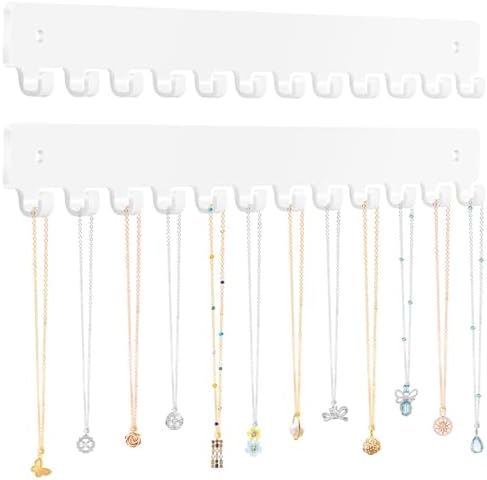 Acrylic Necklace Holder 2 Pack Wall Mounted Necklace Organizer Hanging Jewelry Organizer with 12 Hooks for Necklaces, Bracelets, Rings and Bangles Display（White）