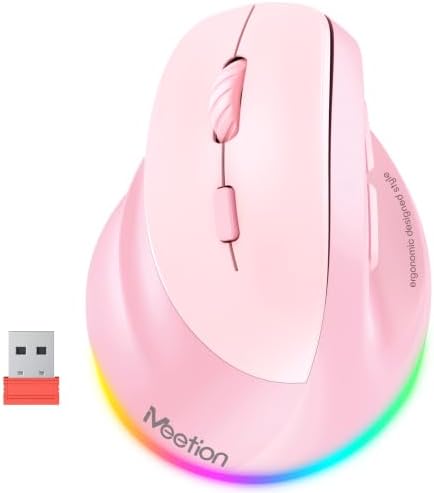 MEETION Left-Handed Wireless Ergonomic Vertical Mouse, Rechargeable - Pink