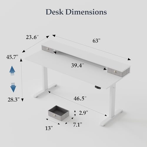 Klicelor 63 x24 Inch Electric Standing Desk with Drawers, Adjustable Height Small Sit Stand Desk for Home Office, Compact Computer Workstation with Storage– White