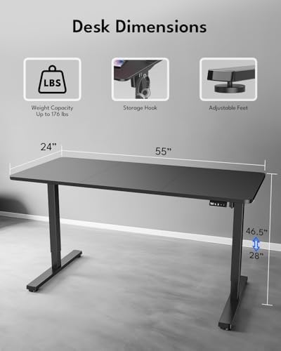 Large Electric Standing Desk, Gaming Desk, 55 x 24 Inch, Black